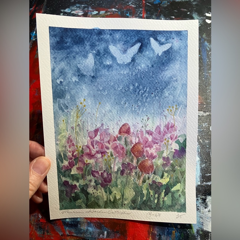 ORIGINAL Mushrooms butterfly painting floral nature watercolor art Artettina USA